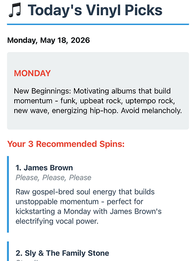 Monday vinyl picks email with James Brown recommendation