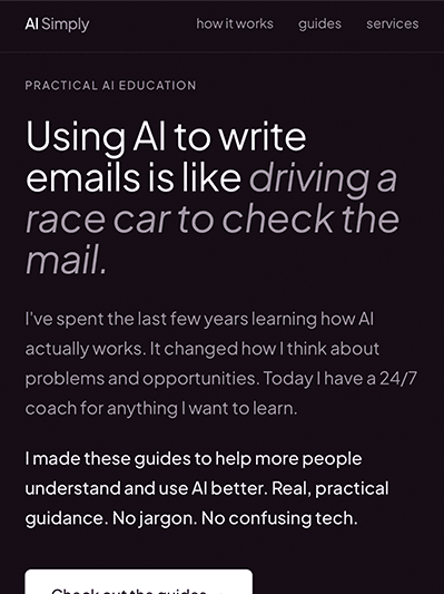 AI Simply homepage hero — practical AI education without the jargon