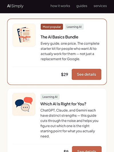 AI Simply guides page showing The AI Basics Bundle and Which AI Is Right for You?
