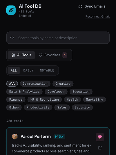 AI Tool DB dashboard showing all tools with category filters