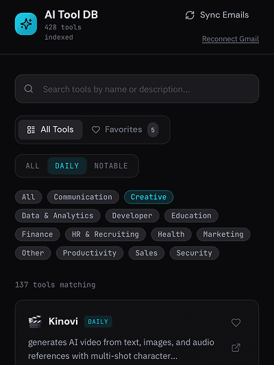 AI Tool DB filtered to daily tools in the Creative category