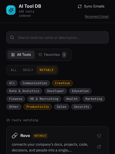 AI Tool DB filtered to notable tools in Creative and Productivity