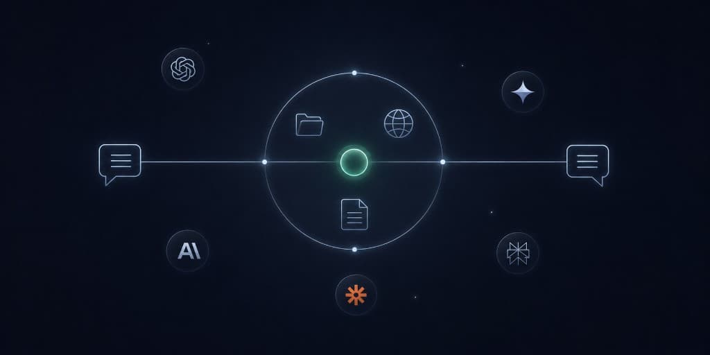 Diagram of AI tools and data sources connected through a central context hub for team communication