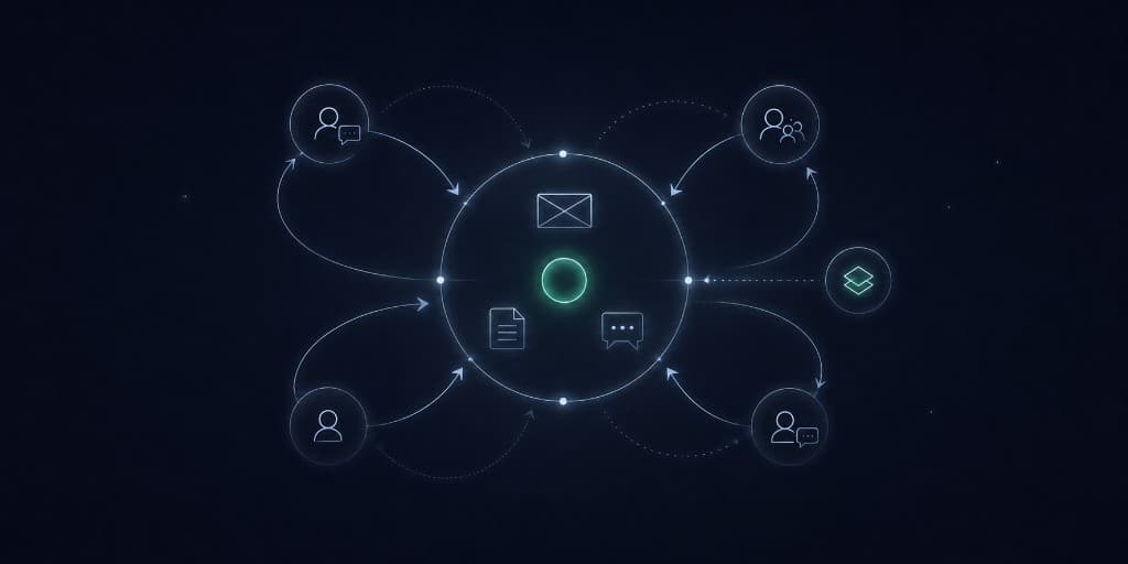Diagram of team members exchanging messages and documents through a central AI hub