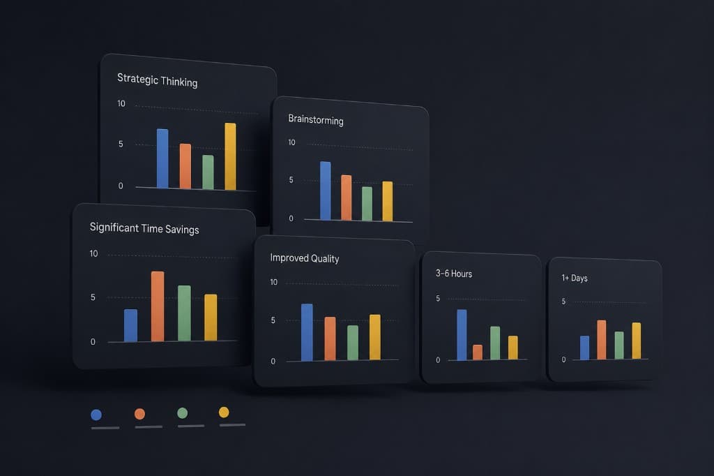 Survey results charts showing strategic thinking, brainstorming, time savings, and quality improvements