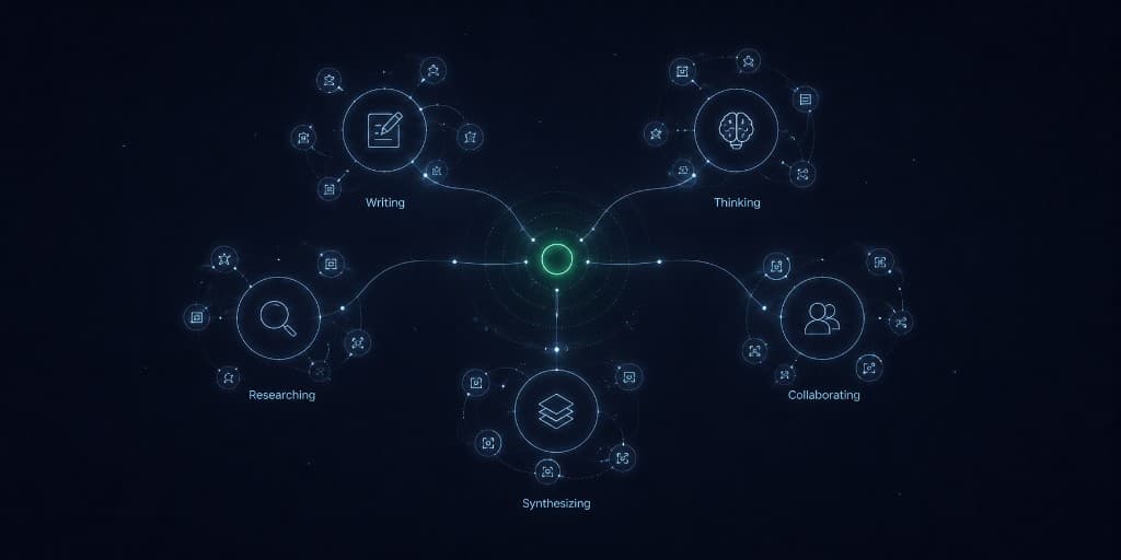 Diagram of AI agent capabilities for writing, thinking, researching, collaborating, and synthesizing