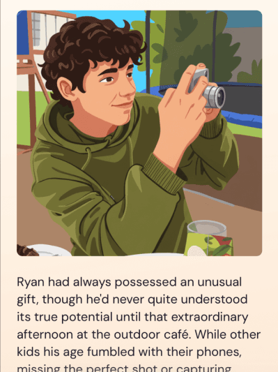 Story scene with illustrated character taking a photo