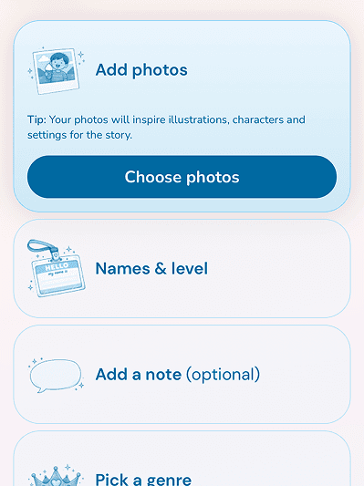 Story creation flow with photo upload in Teller Family