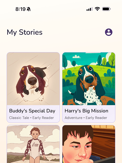 My Stories library screen in Teller Family