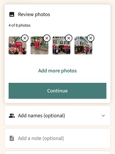 Review photos step in the Teller Stories creation flow