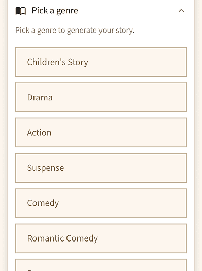 Genre selection screen in Teller Stories