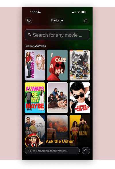 The Usher home screen with movie grid and Ask the Usher