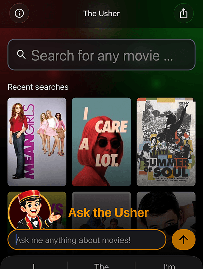 The Usher home screen with recent searches and Ask the Usher