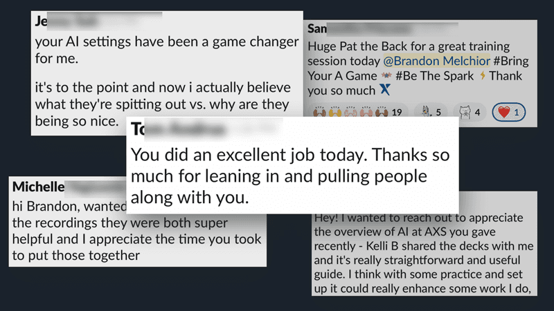 Slack messages from employees praising the AI training workshops
